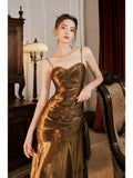 Pretty Mermaid Spaghetti Straps Brown Long Prom Dresses Party Evening Dress HZ1024