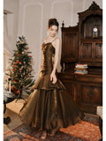 Pretty Mermaid Spaghetti Straps Brown Long Prom Dresses Party Evening Dress HZ1024