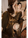 Pretty Mermaid Spaghetti Straps Brown Long Prom Dresses Party Evening Dress HZ1024