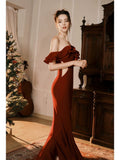 Pretty Mermaid Off The Shoulder Burgundy Satin Long Prom Dresses Party Evening Dress HZ1024