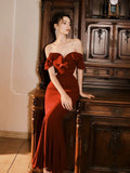Pretty Mermaid Off The Shoulder Burgundy Satin Long Prom Dresses Party Evening Dress HZ1024