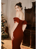 Pretty Mermaid Off The Shoulder Burgundy Satin Long Prom Dresses Party Evening Dress HZ1024