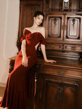 Pretty Mermaid Off The Shoulder Burgundy Satin Long Prom Dresses Party Evening Dress HZ1024