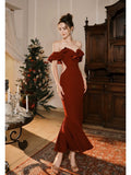 Pretty Mermaid Off The Shoulder Burgundy Satin Long Prom Dresses Party Evening Dress HZ1024