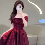 Pretty A line Off The Shoulder Burgundy Satin Long Prom Dresses Party Evening Dress HZ1024
