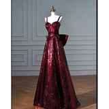 Pretty A line Spaghetti Straps Burgundy Sequin Long Prom Dresses Party Evening Dress HZ1024