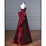 Pretty A line Spaghetti Straps Burgundy Sequin Long Prom Dresses Party Evening Dress HZ1024