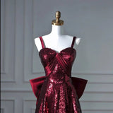 Pretty A line Spaghetti Straps Burgundy Sequin Long Prom Dresses Party Evening Dress HZ1024