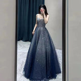Pretty Ball Gown Spaghetti Straps Navy Blue Long Prom Dresses Party Evening Dress HZ1024
