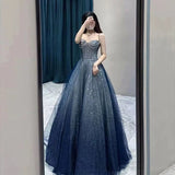 Pretty Ball Gown Spaghetti Straps Navy Blue Long Prom Dresses Party Evening Dress HZ1024