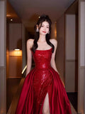 Sexy Mermaid Red Sleeveless Long Sequin Slit Prom Dress Evening Dresses HZ1024