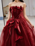 Pretty A line Strapless Burgundy Tulle Long Prom Dresses Party Evening Dress HZ1024