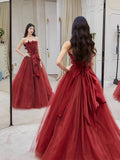 Pretty A line Strapless Burgundy Tulle Long Prom Dresses Party Evening Dress HZ1024