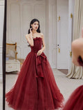 Pretty A line Strapless Burgundy Tulle Long Prom Dresses Party Evening Dress HZ1024