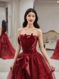 Pretty A line Strapless Burgundy Tulle Long Prom Dresses Party Evening Dress HZ1024