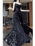 Pretty Sheath Spaghetti Straps Sequin Black Slit Long Prom Dresses Party Evening Dress HZ1024
