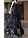 Pretty Sheath Spaghetti Straps Sequin Black Slit Long Prom Dresses Party Evening Dress HZ1024