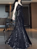 Pretty Sheath Spaghetti Straps Sequin Black Slit Long Prom Dresses Party Evening Dress HZ1024
