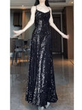 Pretty Sheath Spaghetti Straps Sequin Black Slit Long Prom Dresses Party Evening Dress HZ1024