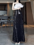 Pretty Sheath Spaghetti Straps Sequin Black Slit Long Prom Dresses Party Evening Dress HZ1024