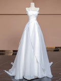 Chic A Line Strapless White Long Wedding Dresses With Ruffles HZ1024