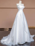 Chic A Line Strapless White Long Wedding Dresses With Ruffles HZ1024
