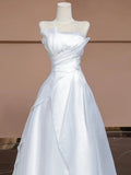 Chic A Line Strapless White Long Wedding Dresses With Ruffles HZ1024
