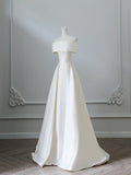 Simple A Line Off The Shoulder White Satin Bridal Dress Wedding dress With Ruffles HZ1024