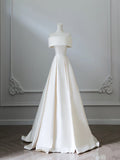 Simple A Line Off The Shoulder White Satin Bridal Dress Wedding dress With Ruffles HZ1024