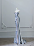 Pretty Mermaid Spaghetti Straps Sequin Blue Long Prom Dresses Party Evening Dress HZ1024