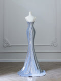 Pretty Mermaid Spaghetti Straps Sequin Blue Long Prom Dresses Party Evening Dress HZ1024