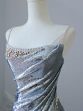 Pretty Mermaid Spaghetti Straps Sequin Blue Long Prom Dresses Party Evening Dress HZ1024