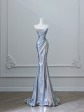 Pretty Mermaid Spaghetti Straps Sequin Blue Long Prom Dresses Party Evening Dress HZ1024