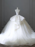 Chic Ball Gown Strapless White Sleeveless Lace Satin Wedding Dresses With Ruffles HZ1024