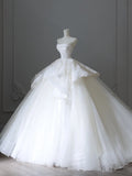 Chic Ball Gown Strapless White Sleeveless Lace Satin Wedding Dresses With Ruffles HZ1024