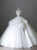 Chic Ball Gown Strapless White Sleeveless Lace Satin Wedding Dresses With Ruffles HZ1024