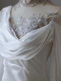 Vintage Mermaid High Neckline White Satin Sequin Appliques Wedding Dresses HZ1024