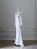 Vintage Mermaid High Neckline White Satin Sequin Appliques Wedding Dresses HZ1024