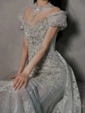Timeless Mermaid Off The Shoulder White Tulle Sequin Long Wedding Dresses HZ1024