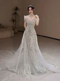 Timeless Mermaid Off The Shoulder White Tulle Sequin Long Wedding Dresses HZ1024