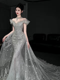 Timeless Mermaid Off The Shoulder White Tulle Sequin Long Wedding Dresses HZ1024