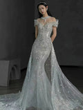 Timeless Mermaid Off The Shoulder White Tulle Sequin Long Wedding Dresses HZ1024