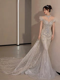 Timeless Mermaid Off The Shoulder White Tulle Sequin Long Wedding Dresses HZ1024