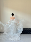 Unique A Line Off The Shoulder White Tulle Beaded Ruffles Long Wedding Dresses HZ1024
