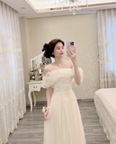 Elegant A Line Off The Shoulder Ivory Chiffon Long Bridesmaid Dress HZ1024