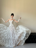Princess White A Line Strapless Tulle Lace With Gloves Long Wedding Dresses HZ1024