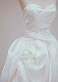 Dreamy A Line Strapless White Satin Pleated Long Wedding Dresses HZ1024