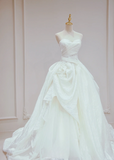 Dreamy A Line Strapless White Satin Pleated Long Wedding Dresses HZ1024