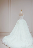 Dreamy A Line Strapless White Satin Pleated Long Wedding Dresses HZ1024