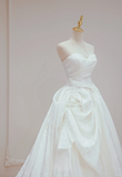 Dreamy A Line Strapless White Satin Pleated Long Wedding Dresses HZ1024
